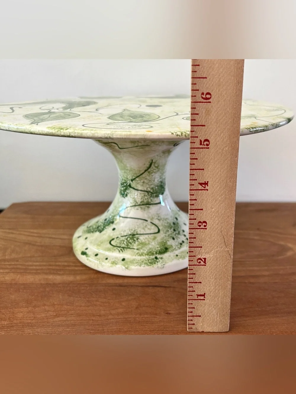 Hand Painted Ceramic Pedestal Cake Stand Vining Green Leaves on Yellow VTG 99’